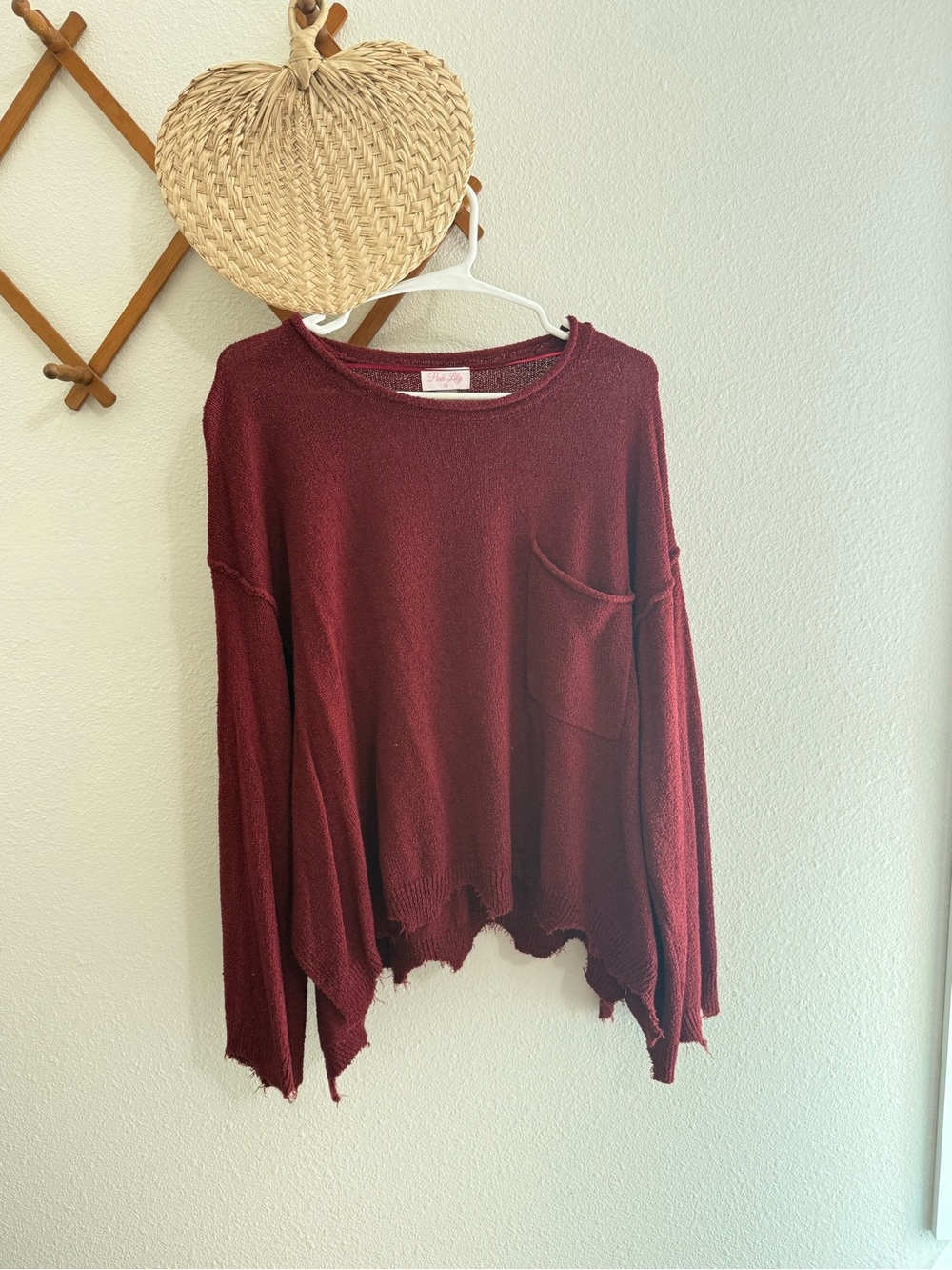 Pink Lily Distressed Pocket Crewneck Sweater in Burgundy